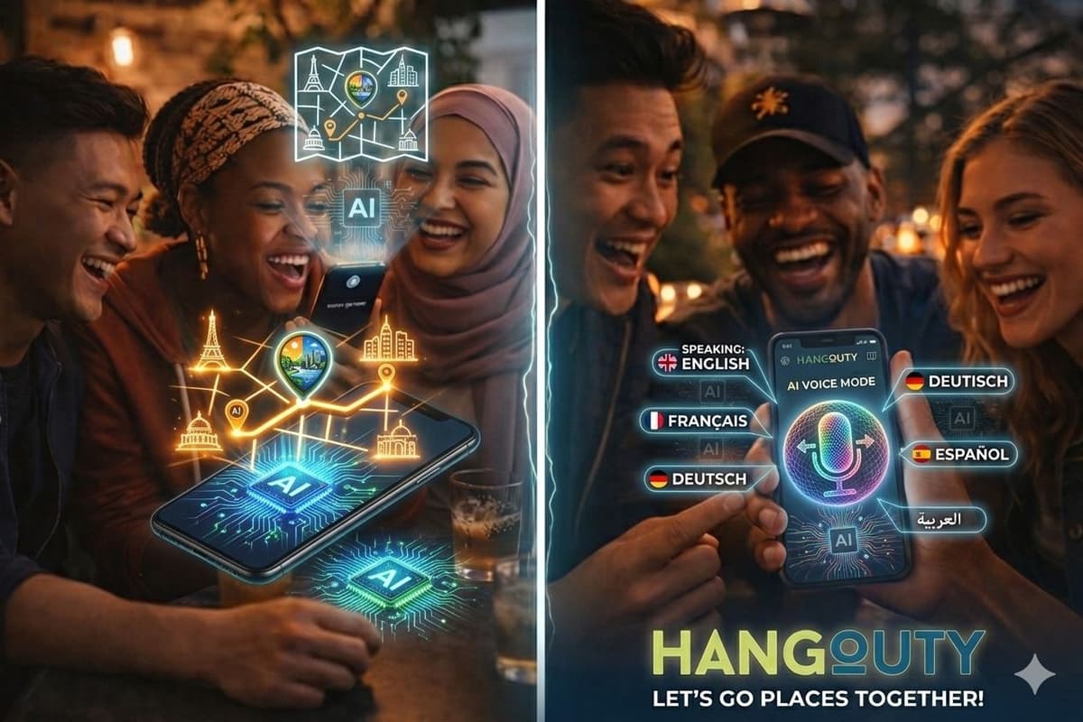 Hangouty AI planning with navigation map and AI voice mode with multilingual translation