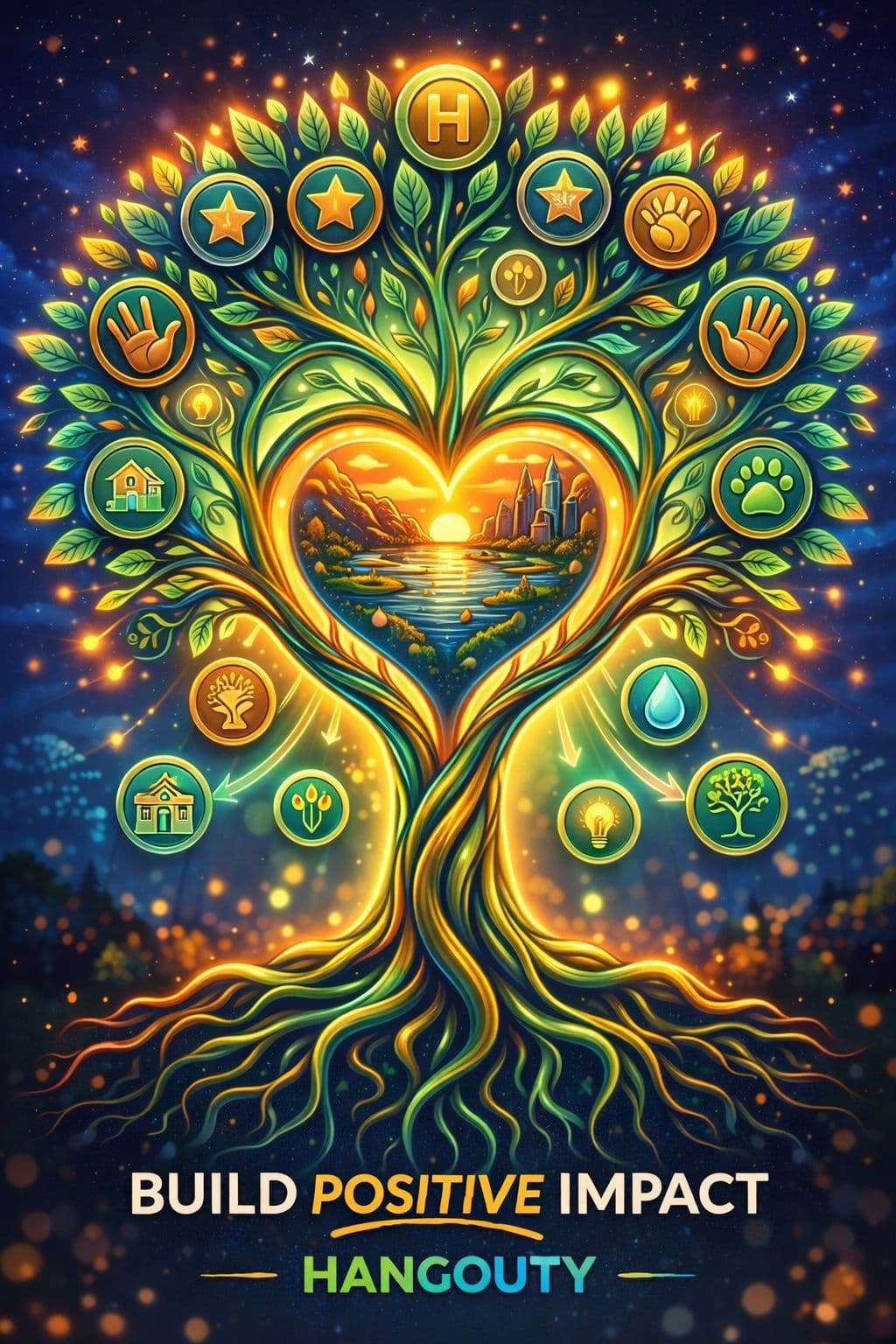 Hangouty — Build positive impact: tree of life with heart canopy and community symbols under a starry sky
