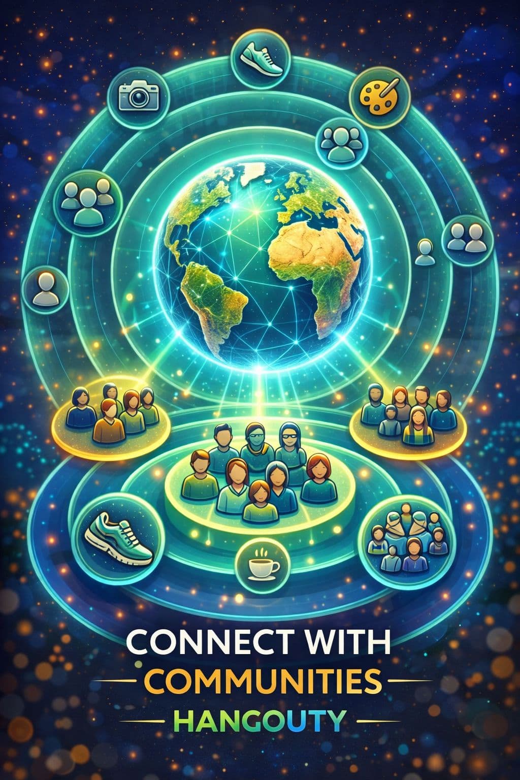 Hangouty — Connect with communities: glowing Earth and hobby icons linking people on shared platforms