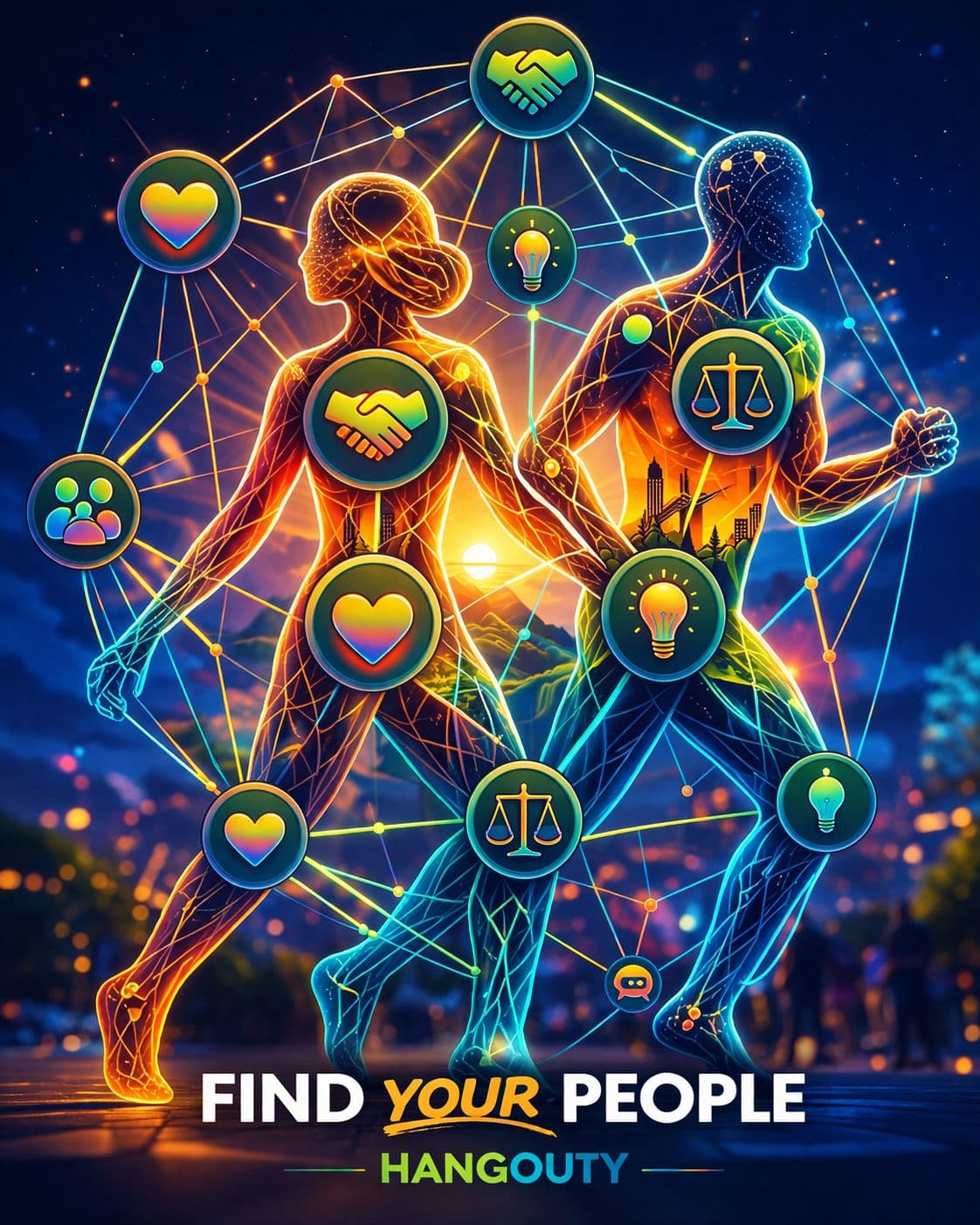 Hangouty — Find your people: two glowing figures connected by a network of values against a city at night