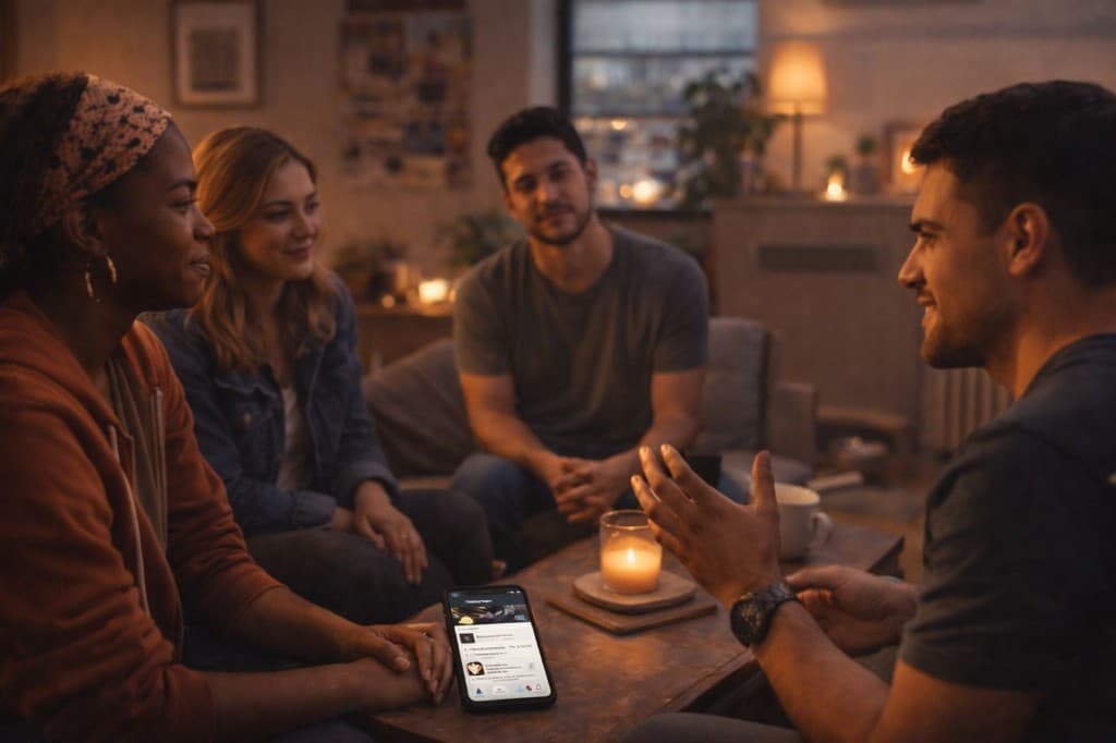 Hangouty — friends in conversation around a candlelit table with the app nearby