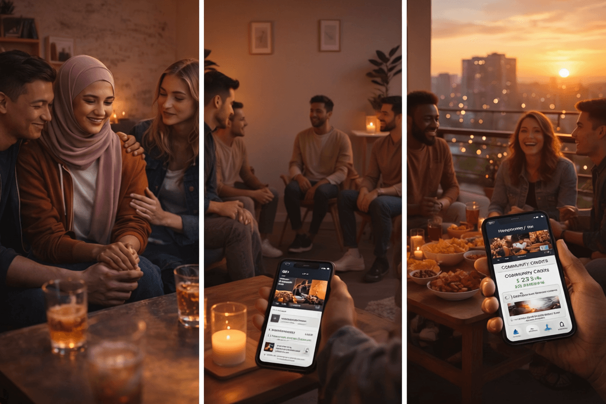 Hangouty social impact — friends gathering, planning together on the app, and community credits against a city sunset