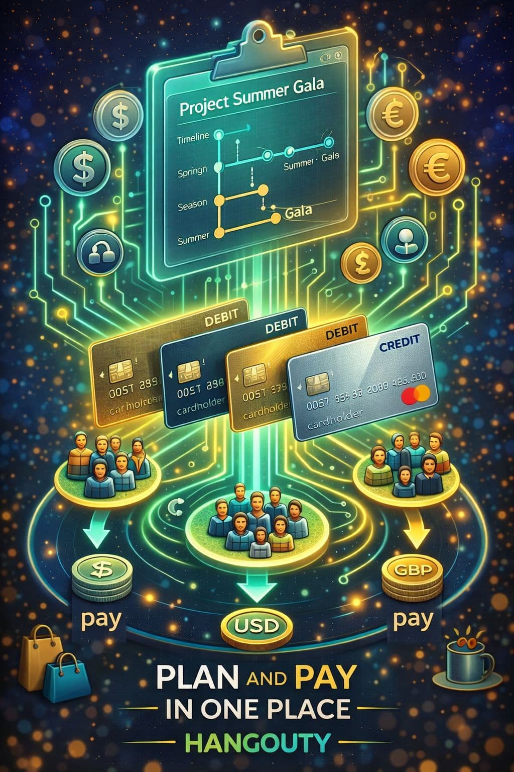 Hangouty — Plan and pay in one place: event timeline, cards, and community payouts illustrated with neon circuits